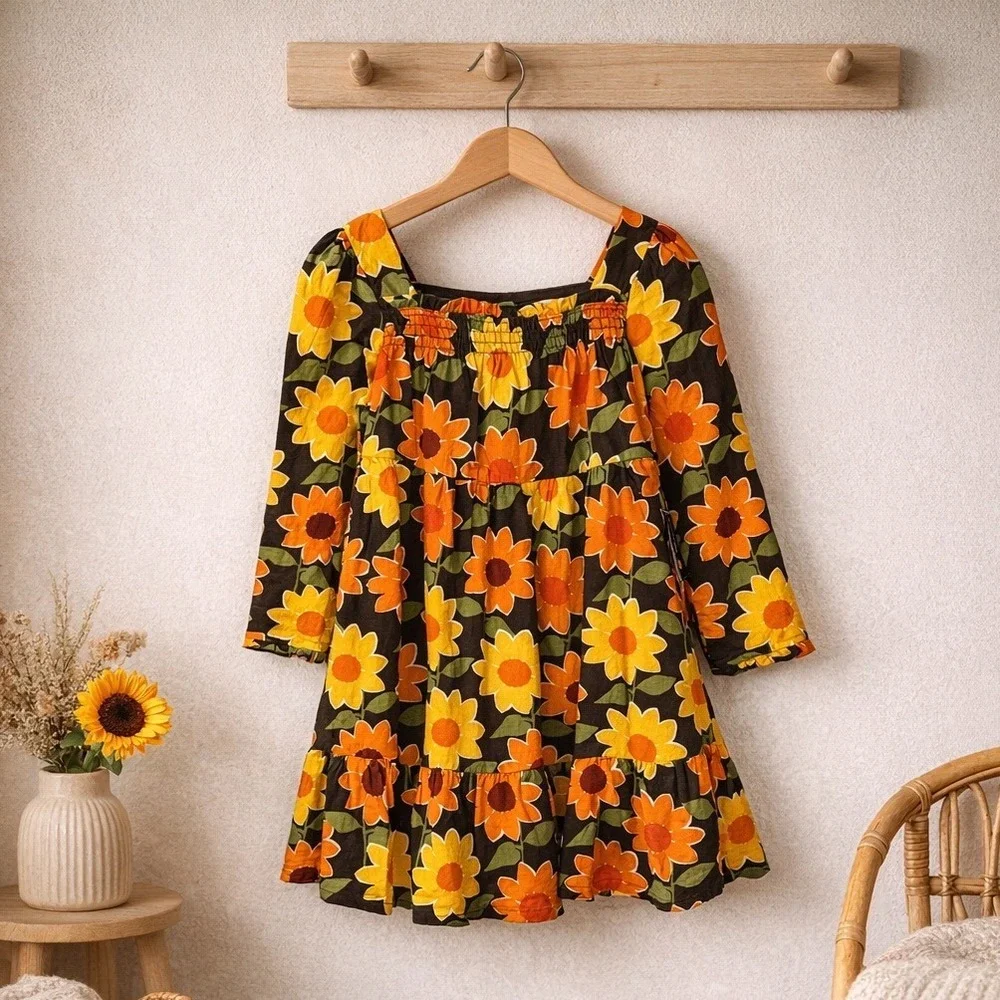 Gymboree Girls Brown Sunflower Floral Cotton Tier Dress Size‎ 7 NWT